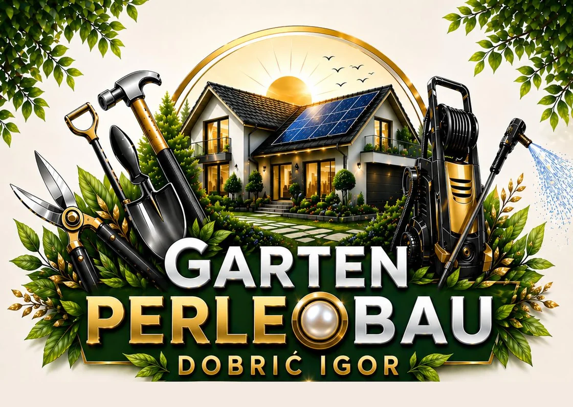 Firmenbild von Garten Perle Bau: der Schriftzug «GARTEN PERLE BAU» in Gold und Silber, darunter der Name «DOBRIC IGOR», umrahmt von Gartenwerkzeug, Laub und einem Haus mit Solardach